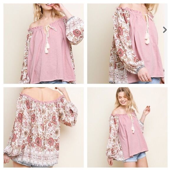 Boho off the shoulder top pink boho floral top - Picture 6 of 12